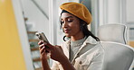 Office, contact and businesswoman with mobile for chat, article review and text to source. Creative agency, female person and journalist with phone for news web, story feedback and smile for message