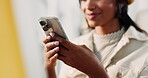 Office, hands and businesswoman with phone for chat, article review and message to source. Creative agency, female person and journalist with mobile for news web, story feedback and smile for contact