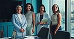 Face, group and team of women in office with smile for company growth, mission and about us for finance agency. Laugh, partners and female financial advisors for business empowerment and confidence