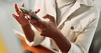 Office, hands and woman with smartphone for chat, article review and message to source. Creative agency, female person and journalist with mobile for news web, story feedback and closeup for contact
