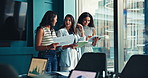 Meeting, tablet and business women in office for online research, proposal and company review. Teamwork, corporate and workers on digital tech for discussion, finance strategy and budget report