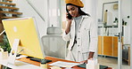 Smile, creative woman and document with phone call for discussion, report and schedule story. Journalist, talking and computer for reading paperwork, article feedback and information for publication