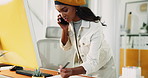 Creative woman, notes and phone call with computer for discussion, questions and schedule story. Female journalist, talking and mobile with media news, article feedback and information of publication