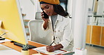 Woman, phone call and writing notes in office for discussion, questions and schedule story. Female journalist, talking and computer with news reminder, article feedback and information of publication