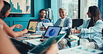 Business people, meeting and discussion with team for analytics, company performance or review. Group, employees or colleagues with technology or documents for analysis or statistics at conference