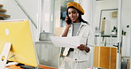 Creative woman, talk and document with phone call for discussion, report and schedule story. Journalist, speaking and computer for reading paperwork, article feedback and information for publication