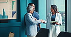 Business people, analytics and handshake with tablet or team for corporate meeting in conference. Group, employees or colleagues shaking hands with technology for company performance or statistics