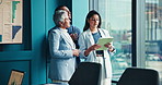 Business people, tablet and window with planning, finance for project and ideas for property. Employees, teamwork and accounting in office, tech and app for stock market and inspection for investment