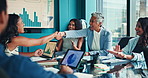 Happy, business people and meeting with handshake or applause for teamwork or agreement at conference. Group, employees or colleagues clapping and shaking hands with smile for collaboration or deal