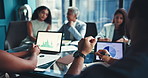 Business people, meeting and hands in boardroom with laptop, review and graphs at company. Group, team and attention by screen display with feedback and collaboration for accounting at finance agency