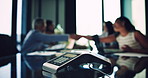 Boardroom, conference call and business people in meeting with handshake for feedback, hiring and planning. Corporate, telephone and blur of workers for agreement, conversation and communication