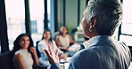 Business woman, executive and presentation with team in conference for meeting, discussion or proposal. Female person, manager or leader talking to group or staff for ideas or company plan at office