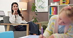 Therapy, therapist or child with drawing for development, observation or learning behavior for adhd. Assessment, mature psychologist or girl with education for creative test, art or report for autism