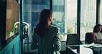 Businesswoman, tablet and walking to meeting in office for financial presentation, budget review and feedback. Finance employee, woman and digital report for company revenue, stats analysis or update
