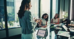 Businesswoman, tablet screen and walking to meeting in office for financial pitch, budget review or account stats. Finance team, people and digital report for company revenue, data analysis or update