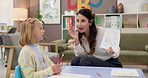 Talking, woman or therapist with child, drawing or adhd with education, questions and help. Picture, psychology and girl kid in therapy with counseling evaluation, wellness assessment and learning