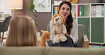 Therapy, psychologist and woman with child, toys or adhd with education, role play or help. Consulting, therapist and girl kid in session with counseling evaluation, development or stuffed animals