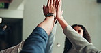 High five, hands and team with support in office for company success, solidarity and business people for unity. Achievement, collaboration and corporate community with celebration or motivation