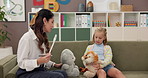 Talking, care or session with child, psychologist or adhd with story, question or psychology help. Therapist, support or kid with toys in therapy with counseling evaluation, development or assessment