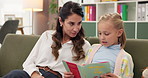 Reading, book and therapist with kid in office for speech development, learning or medical analysis. Storytelling, fantasy and pediatric psychologist with girl child for bibliotherapy at clinic.