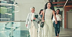 Business, people and walking with tablet in lobby for travel, conference and corporate journey. Women, laugh and management for tradeshow, professional convention and keynote speaker for seminar trip