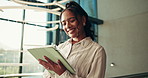 Business, woman and happy with tablet in office for reading financial report, economy research and investment growth. Analyst, professional and smile with digital app for calendar schedule and flare