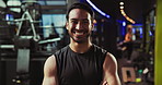 Happy man, face or personal trainer with confidence at gym for fitness service or workout assistance. Portrait, male person or exercise coach with smile or arms crossed for sport class at health club