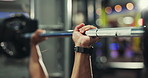 Exercise, barbell and man in gym, hands and challenge with training, endurance and energy. Person, athlete and equipment in wellness center, power or health with fitness, weightlifting or body muscle