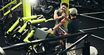 Tablet, fitness and men with support, high five and smile with challenge, exercise and personal trainer. Muscle growth, instructor and bodybuilder with tech, gesture and app for progress or training