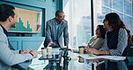 Business, people or screen in office for presentation, productivity report or feedback chart. Mature speaker, staff or workshop in boardroom for company growth, profit returns review or funding pitch