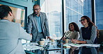 Business, people or handshake in office for meeting, performance review or feedback with applause. Speaker, staff or shaking hands in boardroom for company growth, profit returns or funding approval