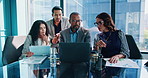 Meeting, teamwork and business people in office on laptop for online research, proposal and finance planning. Discussion, corporate and men and women on computer for collaboration and budget review