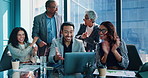 Meeting, applause and business people in office on laptop for celebration, online winning and finance planning. Teamwork, corporate and men and women on computer for profit, investment and success
