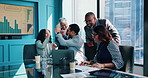 Meeting, high five and business people in office on laptop for online research, winning and finance planning. Teamwork, corporate and men and women on computer for profit, investment and success