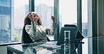 Investor, success or happy woman on laptop in office for online profit, review or economy growth. Excited, financial consultant or trader with fist pump for trading victory, goal or business target