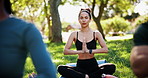 Outdoor, yoga and people with fitness, meditation and wellness with break, lotus and relax. Group, yogi and friends in park, nature or zen with chakra, exercise and stretching with gratitude or calm 
