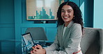 Smile, laptop and face of businesswoman in office with screen for financial statistics, graph or data. Happy, computer and finance analyst with research for profit, revenue or dividend report.