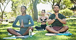 Outdoor, yoga and people with fitness, lotus and wellness with workout, meditation and relax. Group, calm or friends in park, nature or zen with chakra, exercise or stretching with breathing or break