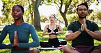 Outdoor, yoga and people with fitness, lotus and wellness with break, posture and relax. Group, yogi and friends in park, nature or zen with chakra, exercise and stretching with breathing and morning