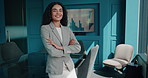 Happy, crossed arms and face of businesswoman in office with screen for financial statistics, graph or data. Smile, confident and finance analyst with research for profit, revenue or dividend report.