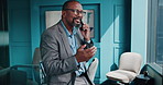 Phone call, smile and planning with business black man in office for contact, financial adviser or account manager. Budget update, networking and investment project with person in agency for feedback