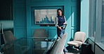 Business woman, laptop or walking with documents in conference for meeting preparation or start at office. Female person, employee or analyst getting ready with computer for company review or report