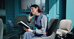 phone call, notebook and planning with business woman in office for schedule, financial adviser and bookkeeping. Budget report, networking and investment project with person in agency for feedback