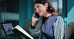 phone call, notebook and smile with business woman in office for schedule, financial adviser and bookkeeping. Budget report, networking and investment project with person in agency for feedback