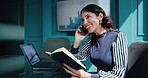 Phone call, notebook and business woman in office for discussion, contact and finance consulting. Corporate, laptop and worker on smartphone for communication, financial planning and negotiation 