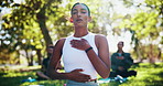Nature, breathing and woman in park for meditation with calm, peace or health exercise. Wellness, balance and female person with warm up, zen or chakra activity for yoga class outdoor in field.