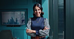 Face, business woman and laughing with arms crossed for operations management, company growth or about us. Finance manager, mature person and happy in office for financial development or career pride