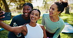 Selfie, yoga and women in park, fitness and bonding together with profile picture, wellness and smile. Healthy people, outdoor or friends with social media, support and exercise with pilates training