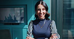 Face, business woman and happy with arms crossed for company management, corporate growth or about us. Finance manager, mature person or confidence in office for financial development or career pride