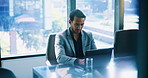 Investor, above or businessman on laptop in office for online project, review and economy website. Typing, financial consultant and accountant on technology for planning budget, report or company